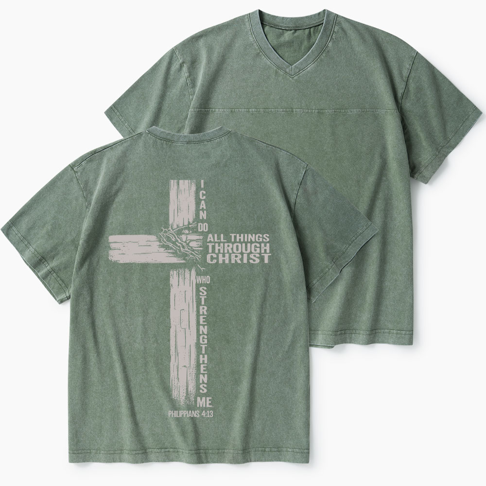 I Can Do All Things Through Christ Christian Washed V-Neck T-Shirt-Teevibe