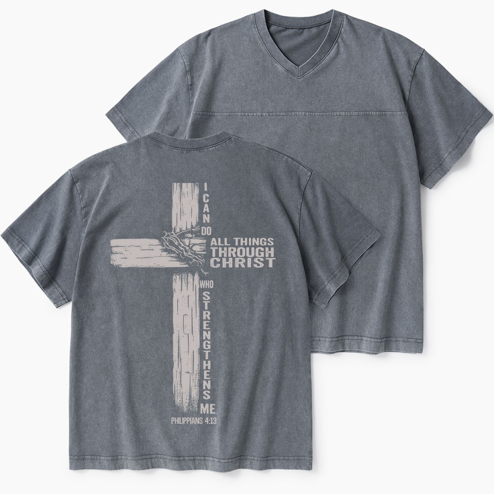 I Can Do All Things Through Christ Christian Washed V-Neck T-Shirt-Teevibe