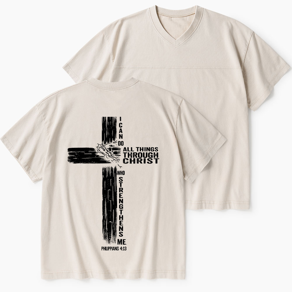 I Can Do All Things Through Christ Christian Washed V-Neck T-Shirt-Teevibe