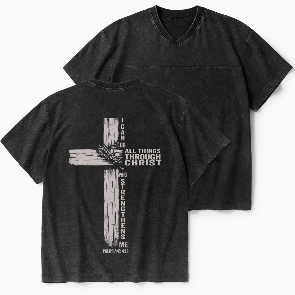 I Can Do All Things Through Christ Christian Washed V-Neck T-Shirt-Teevibe