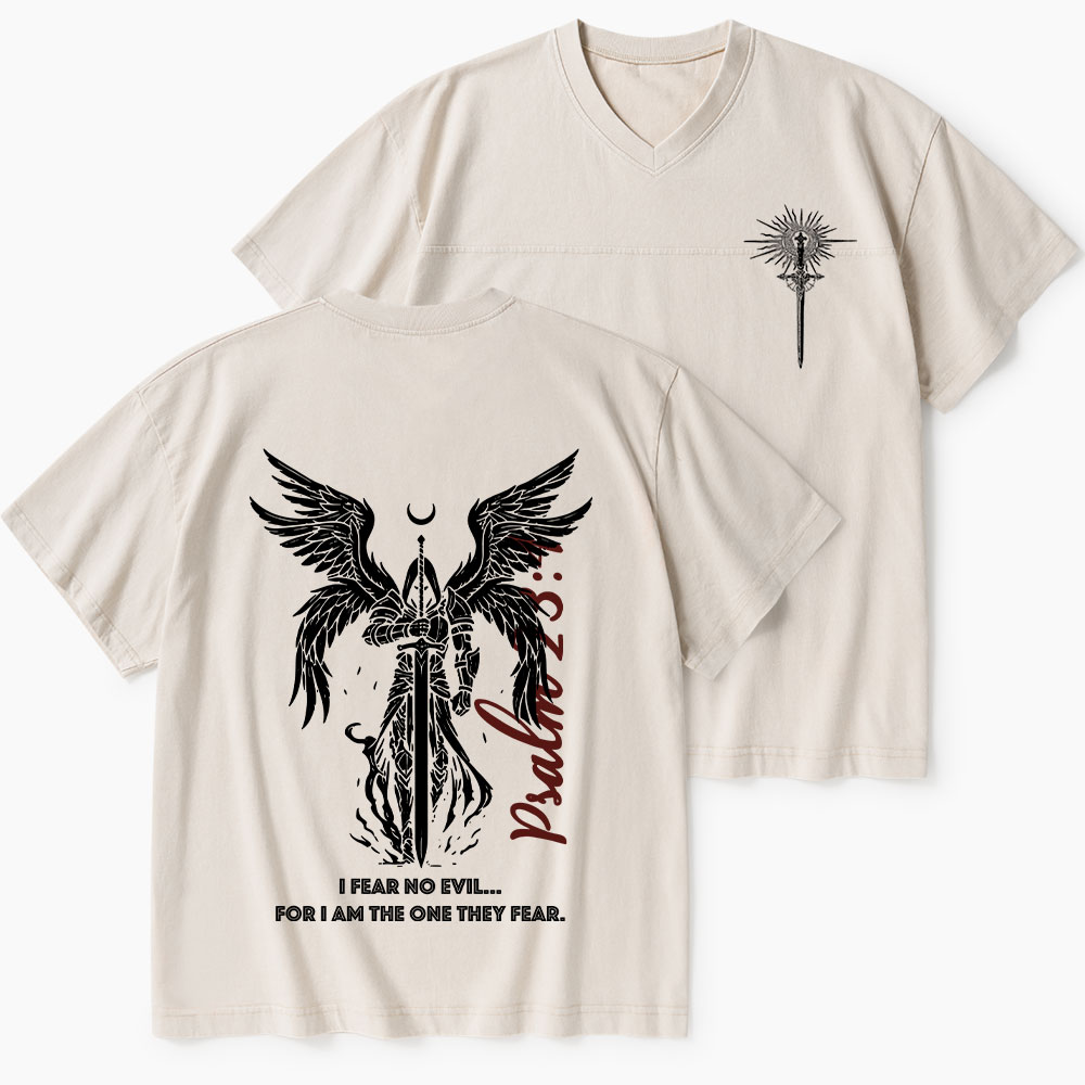 I Fear No Evil Christian Washed V-Neck T-Shirt-Teevibe
