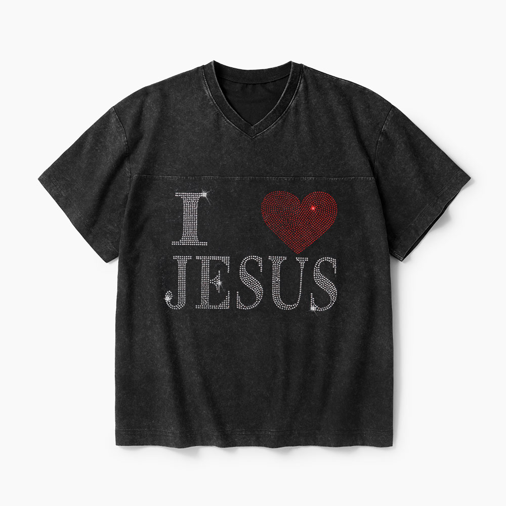I Love Jesus Rhinestone Christian Washed V-Neck T-Shirt-Teevibe