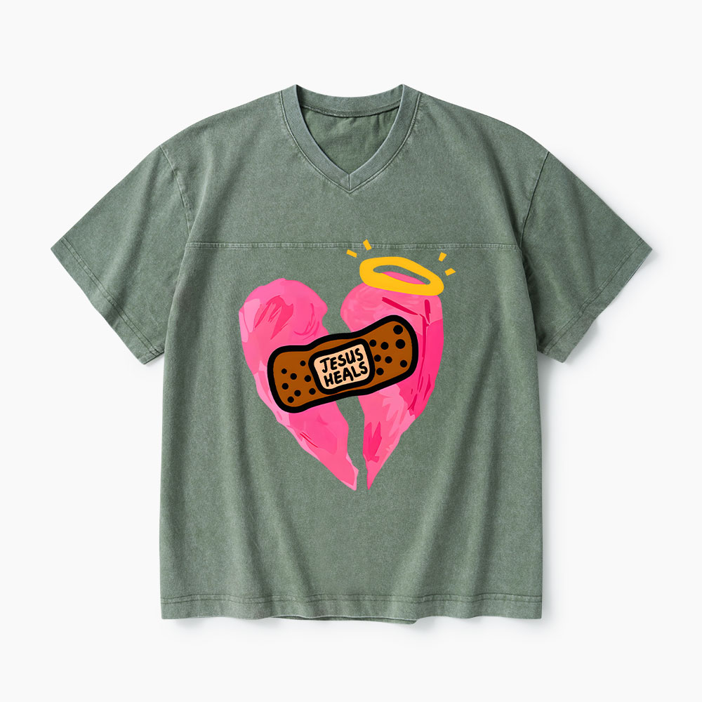 Jesus Heals Christian Washed V-Neck T-Shirt-Teevibe