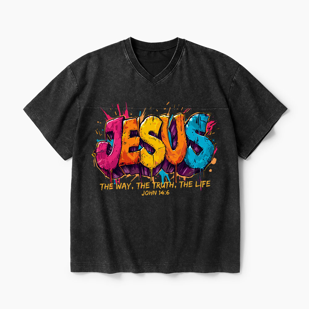 Jesus The Way The Truth The Life Christian Washed V-Neck T-Shirt-Teevibe