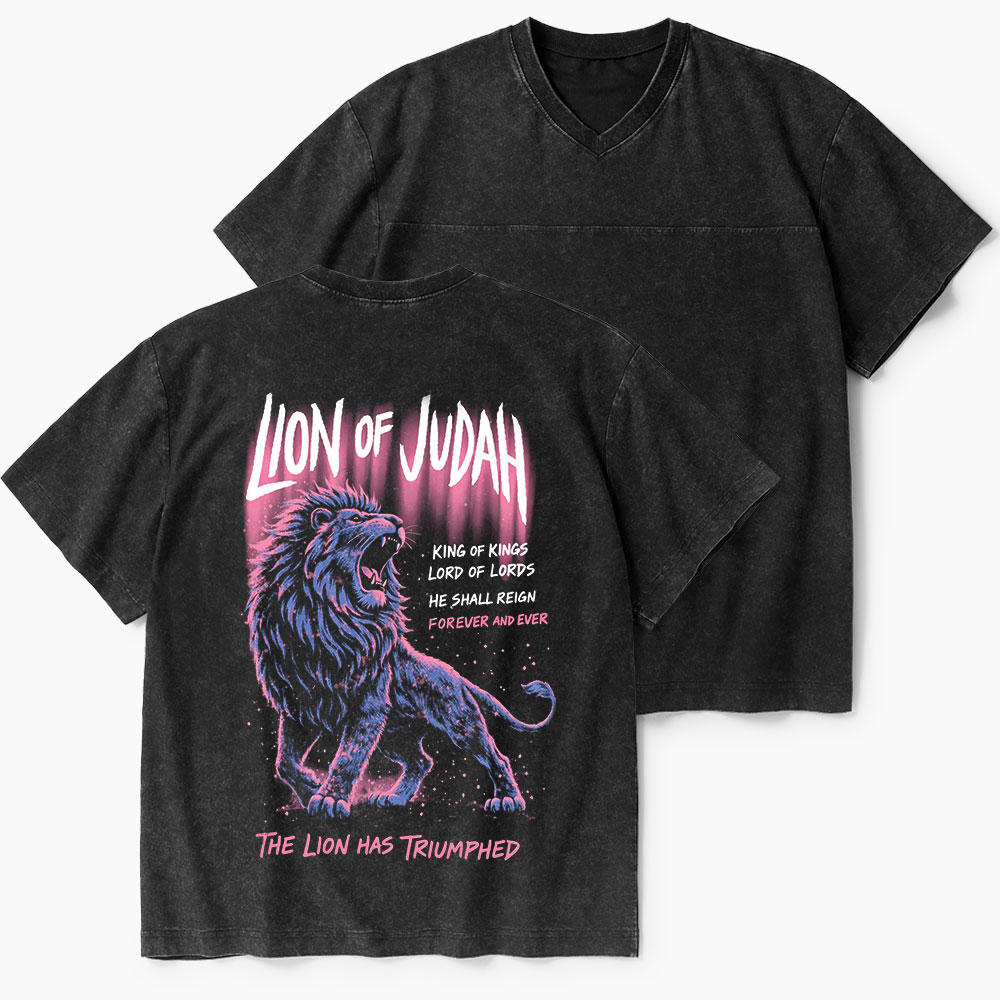 Lion Of Judah Christian Washed V-Neck T-Shirt-Teevibe