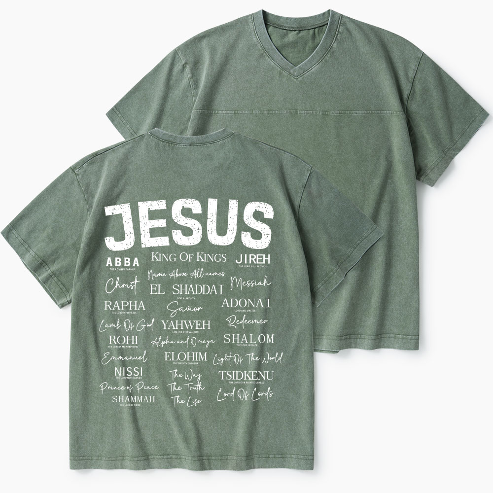 Names Of Jesus Christian Washed V-Neck T-Shirt-Teevibe