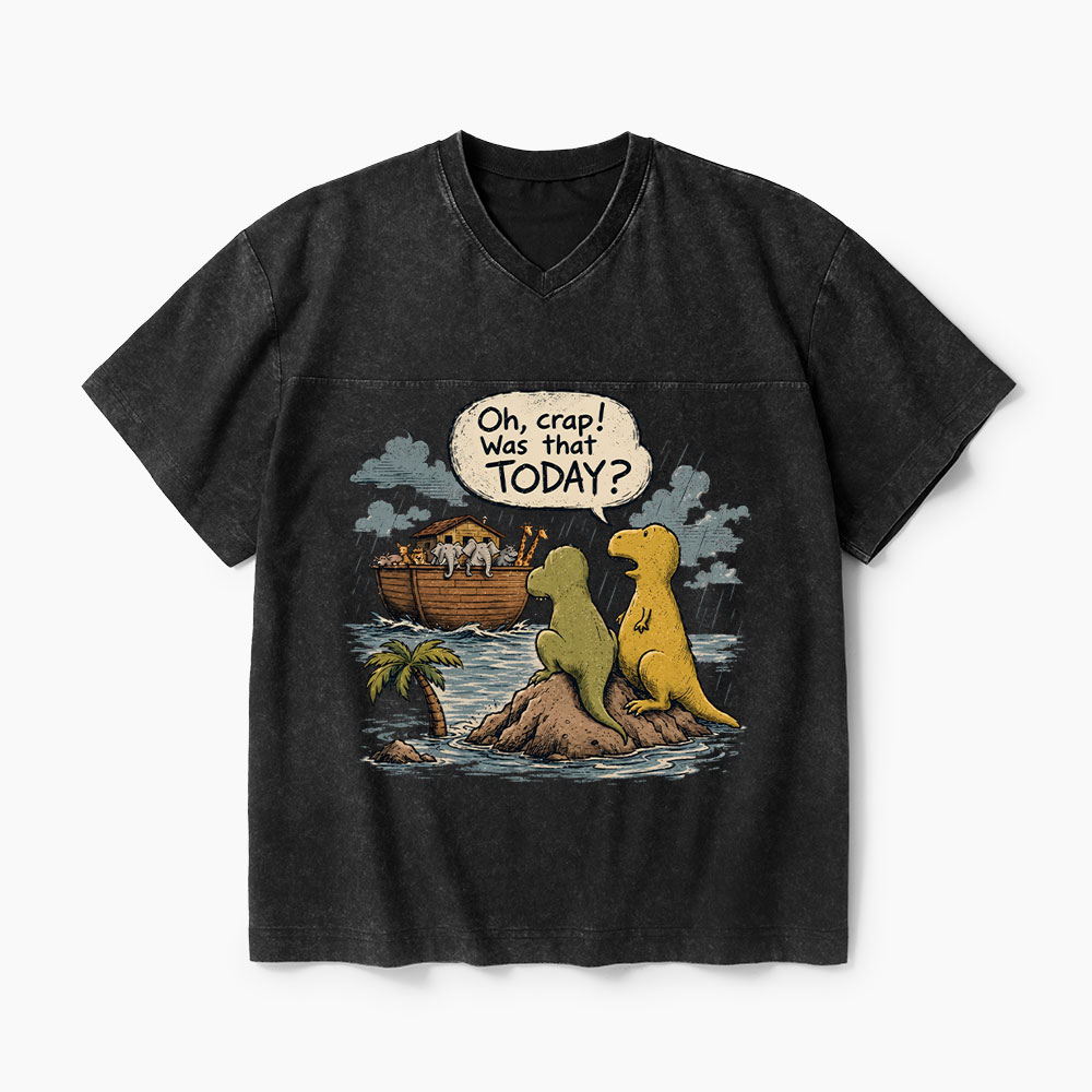 Noah's Ark Funny Dinosaurs Christian Washed V-Neck T-Shirt-Teevibe