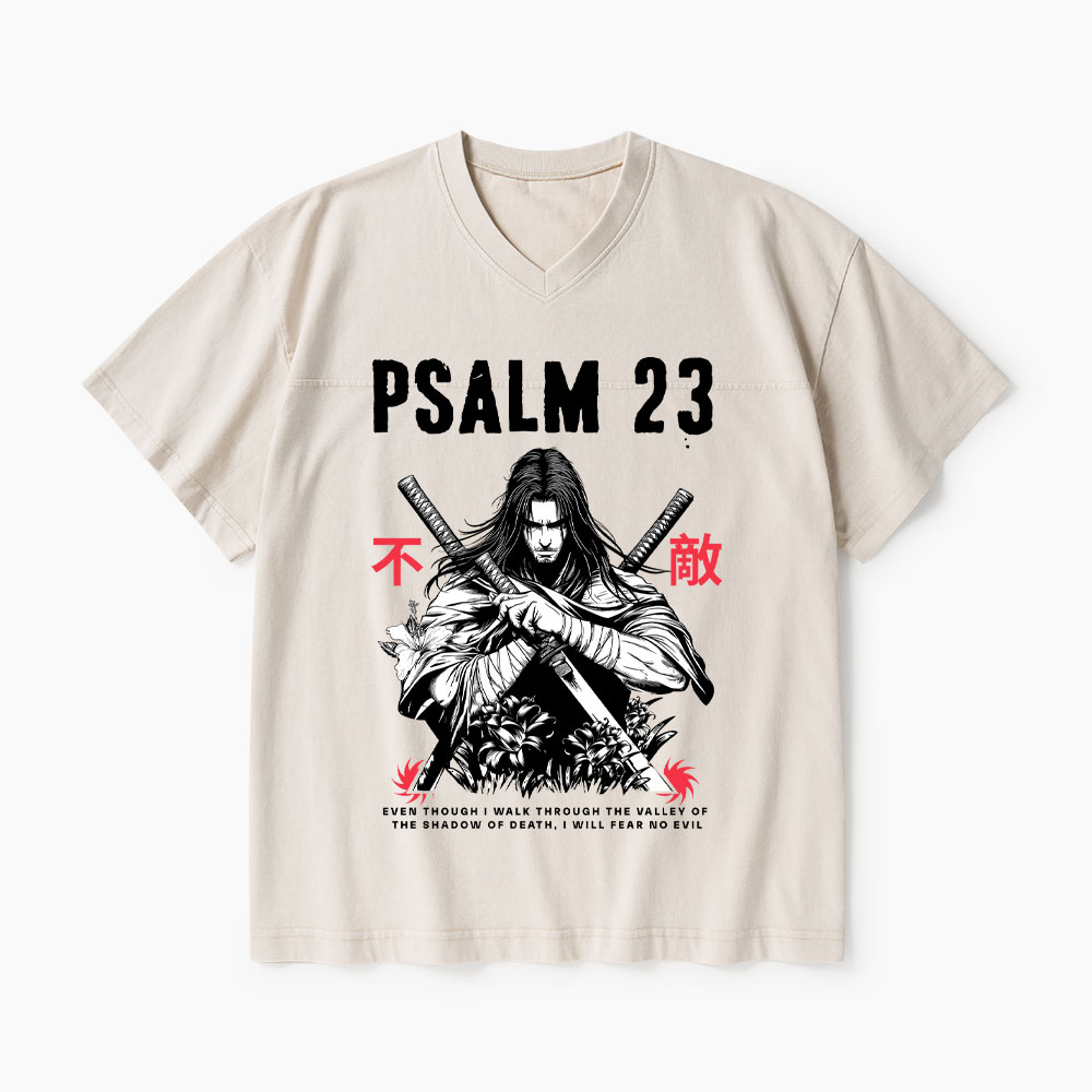 Psalm 23 Fear No Evil Aesthetic Mens Christian Washed V-Neck T-Shirt-Teevibe