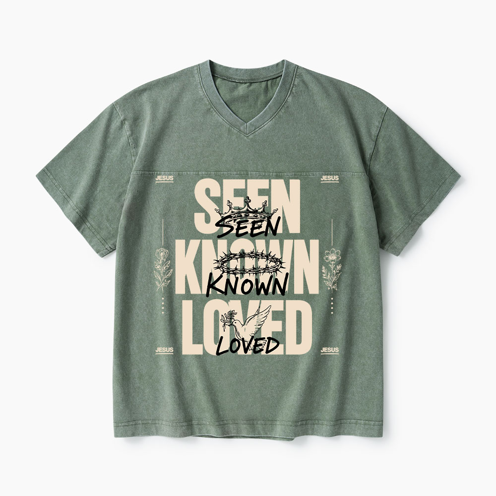 Seen Known Loved Christian Washed V-Neck T-Shirt-Teevibe