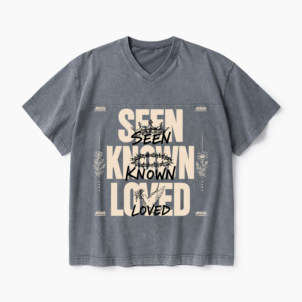 Seen Known Loved Christian Washed V-Neck T-Shirt-Teevibe