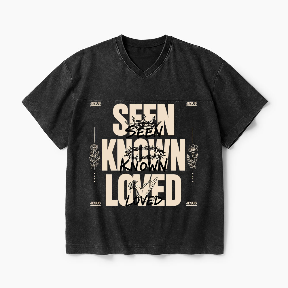 Seen Known Loved Christian Washed V-Neck T-Shirt-Teevibe