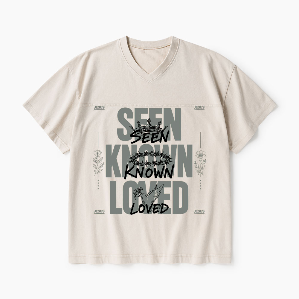Seen Known Loved Christian Washed V-Neck T-Shirt-Teevibe