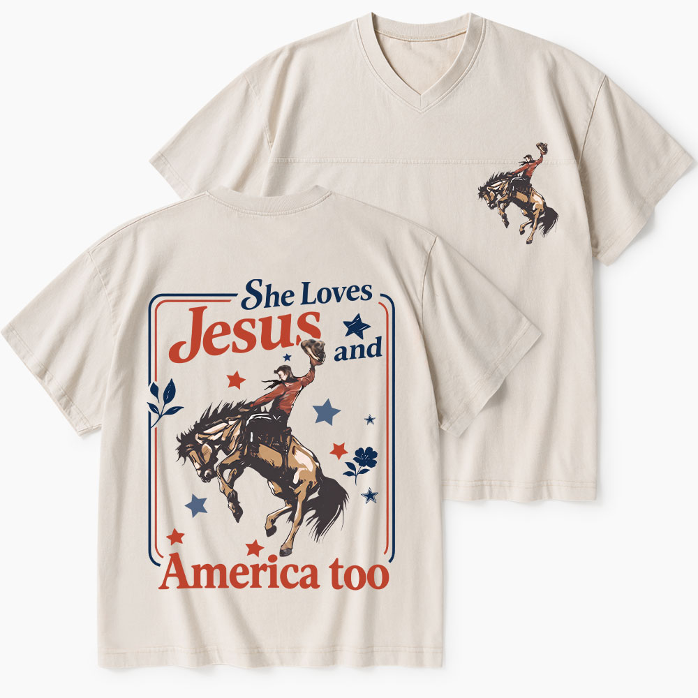 She Loves Jesus And America Too Christian Washed V-Neck T-Shirt-Teevibe