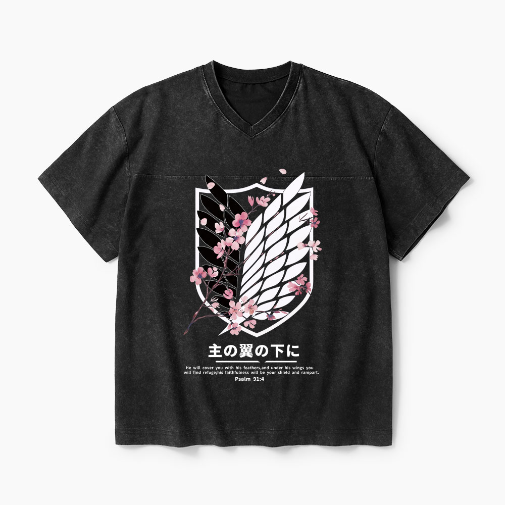 Under His Wings Christian Washed V-Neck T-Shirt-Teevibe