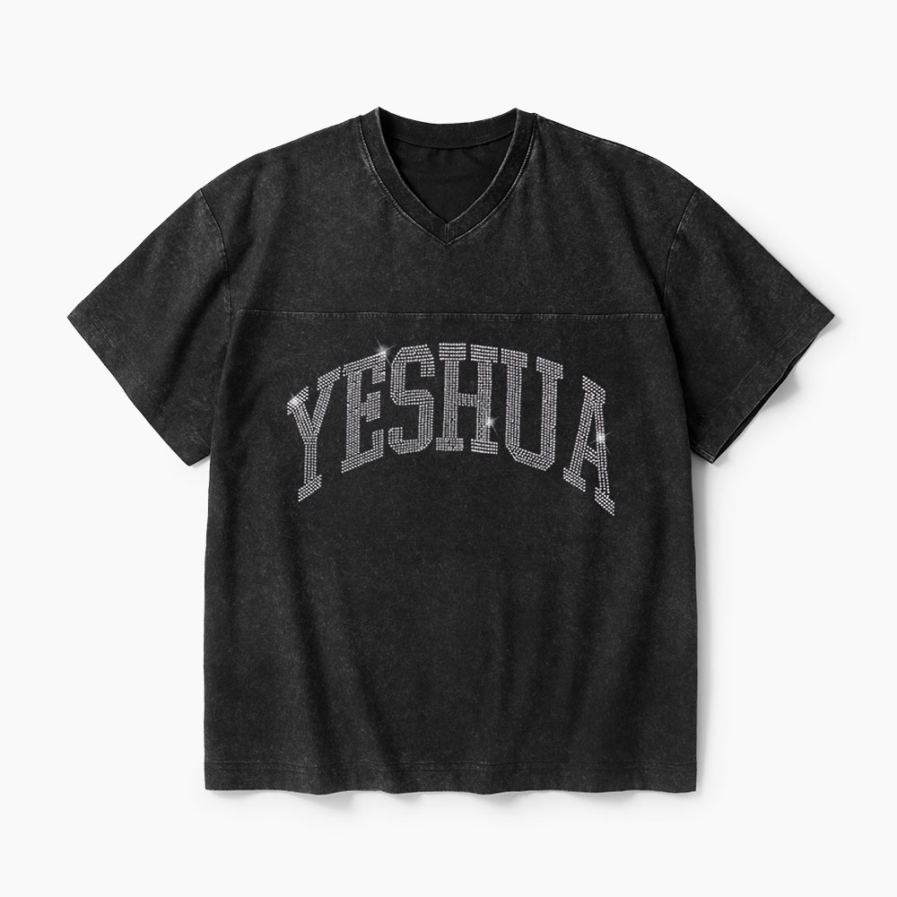 Yeshua Rhinestone Christian Washed V-Neck T-Shirt-Teevibe