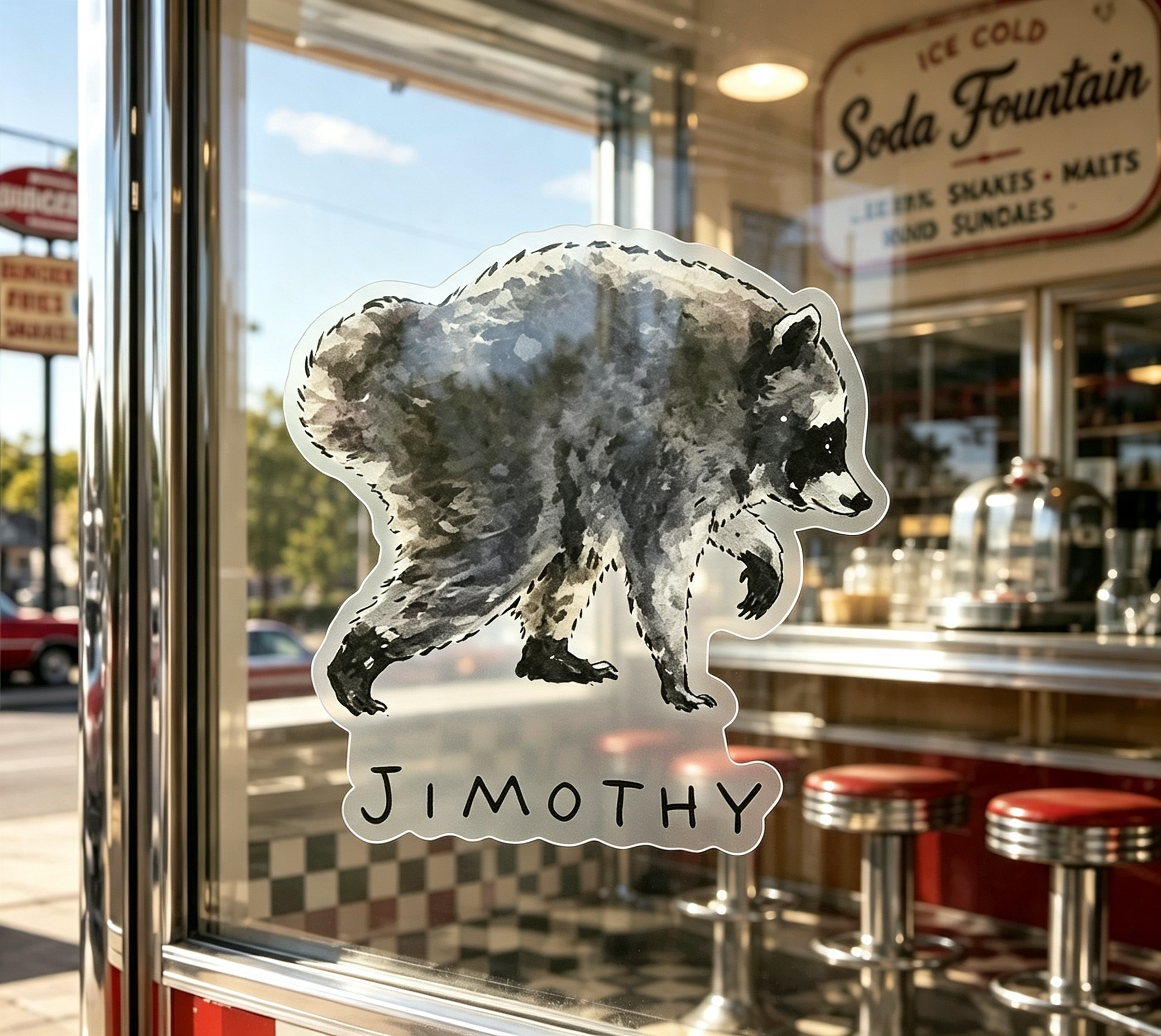 Black Script Jimothy Raccoon Cafe Sticker