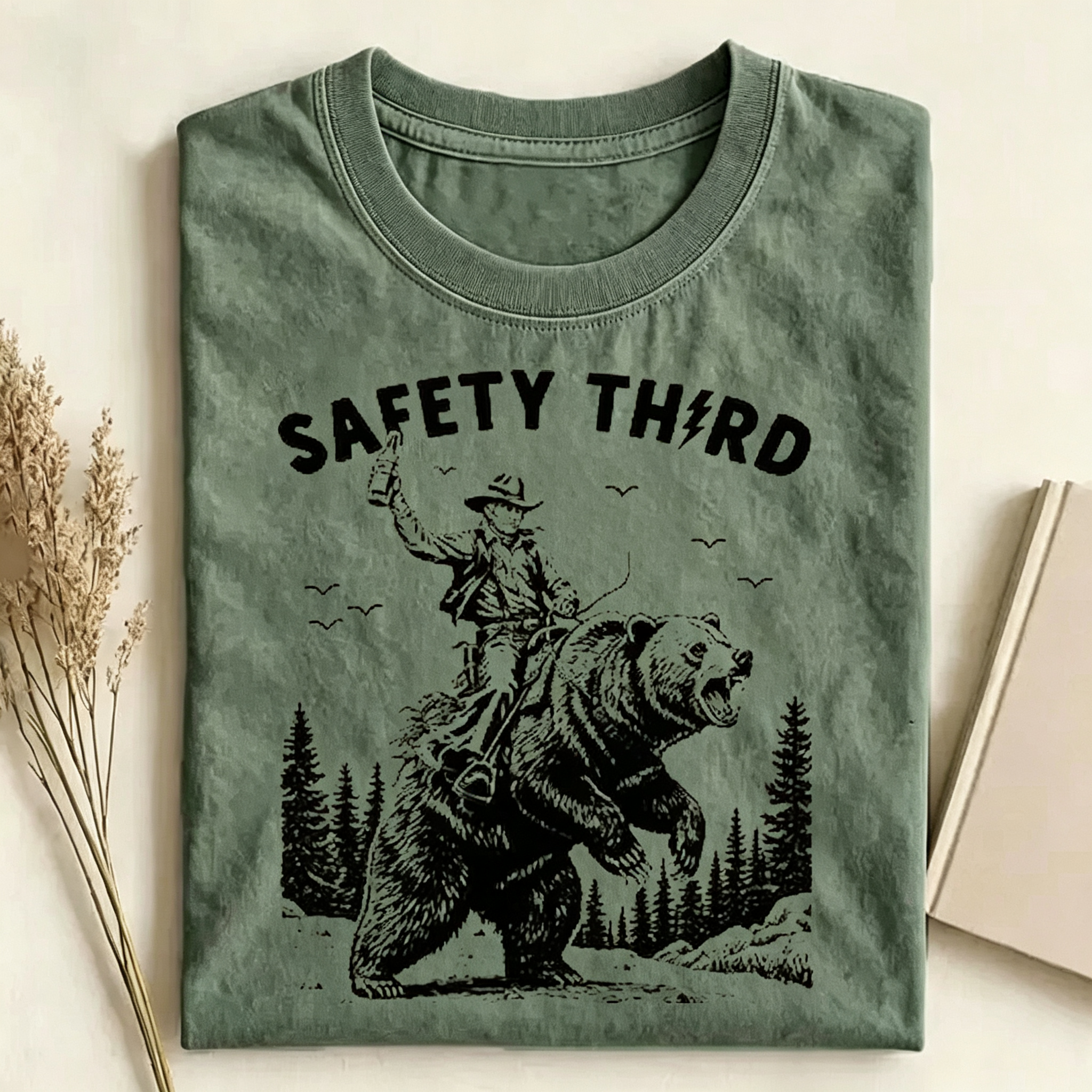 Funny Western Cowboy Bear Retro Washed T‑Shirt