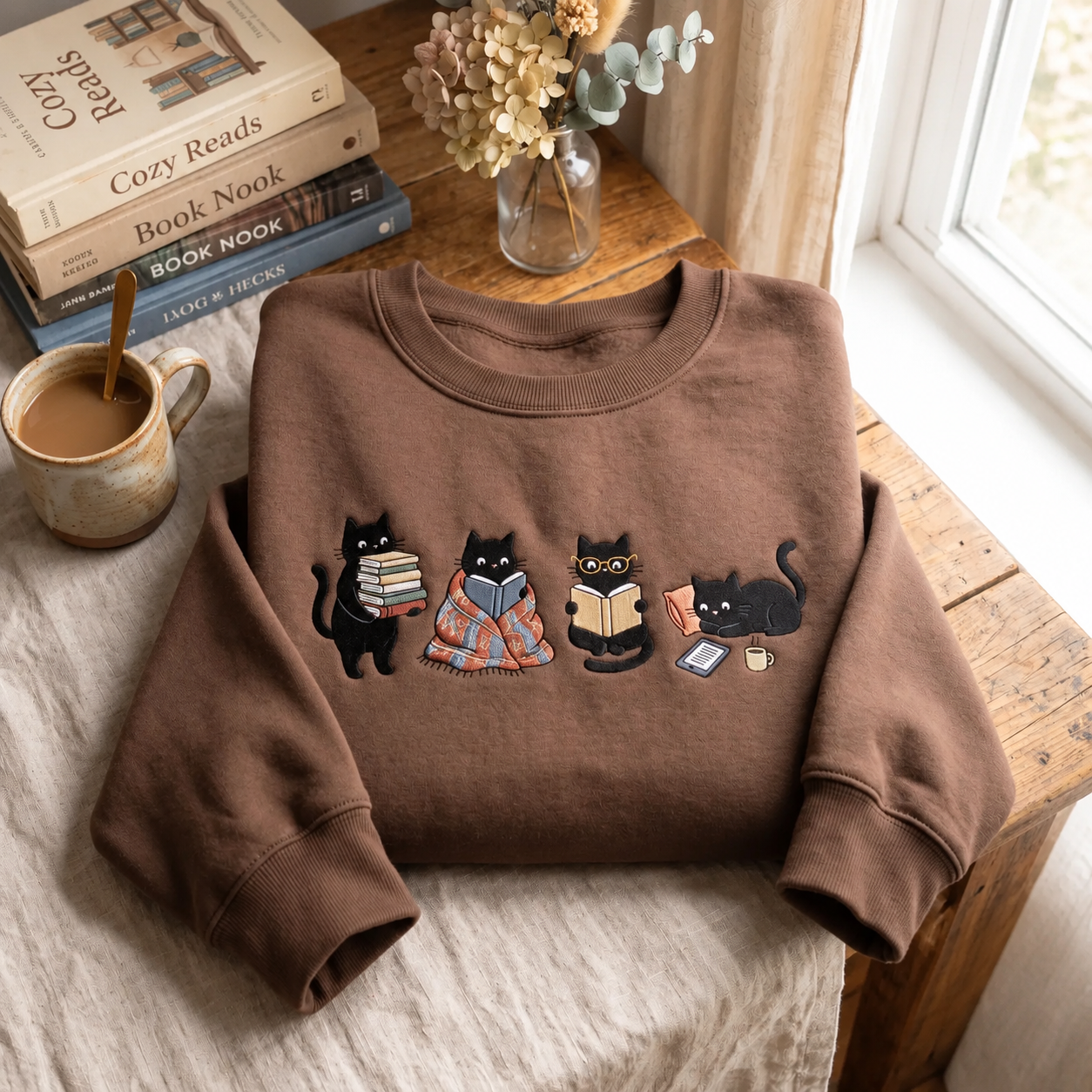 Embroidered Black Cats Reading Sweatshirt