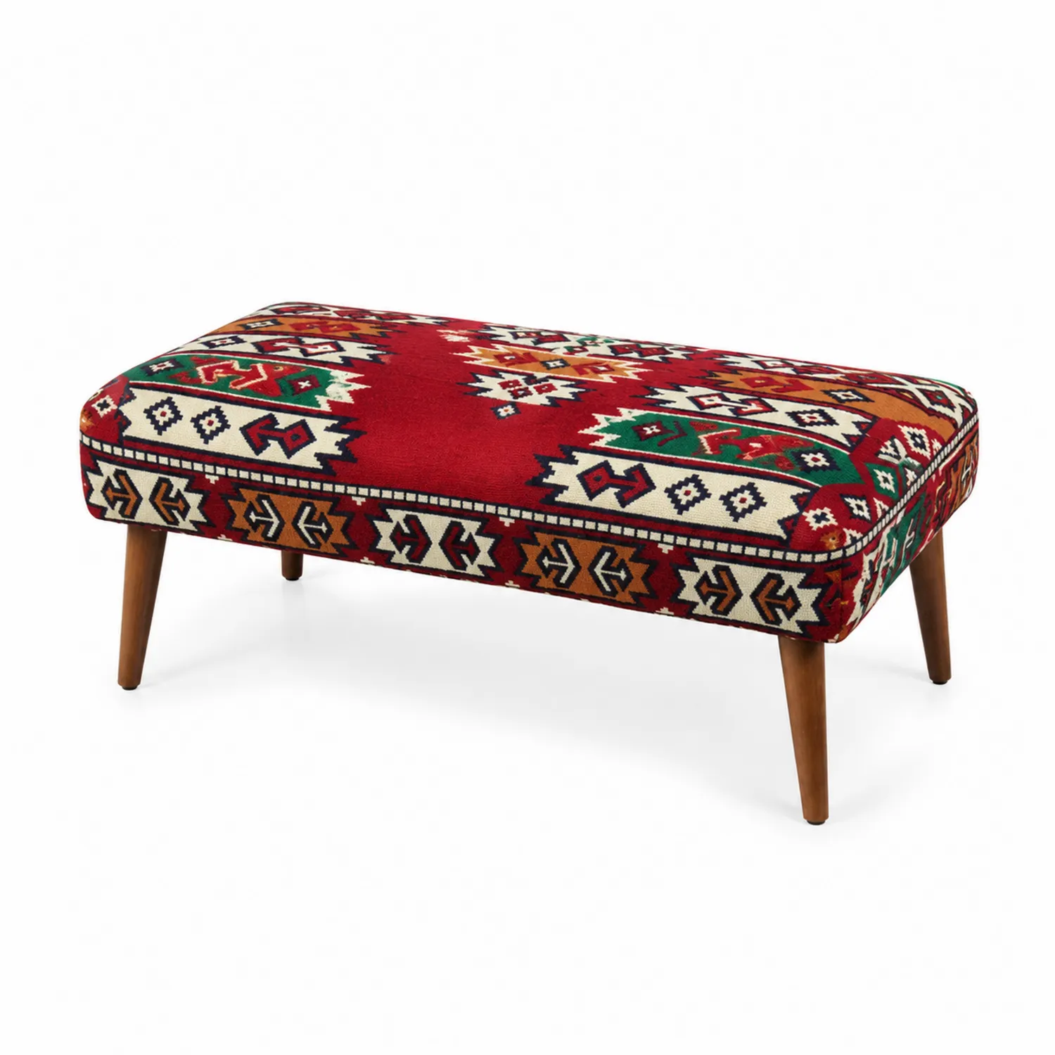 Pouf rettangolare etnico in tessuto multicolore con gambe in legno