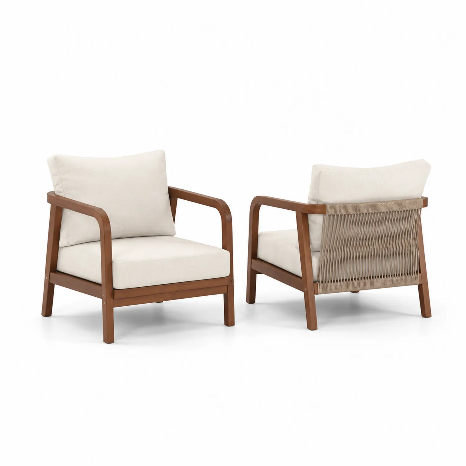 Set di 2 Poltrone in Legno con Schienale in Corda e Cuscini Beige