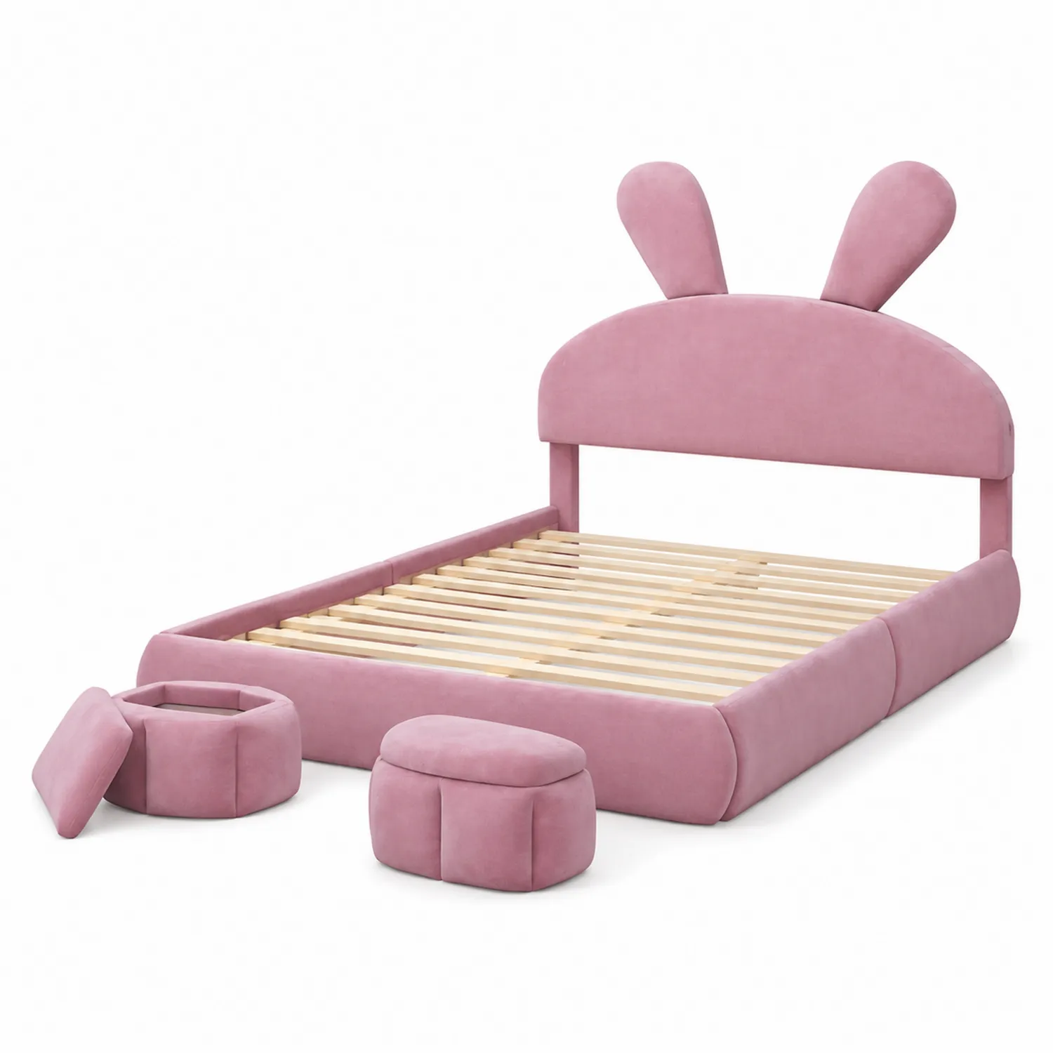 Letto in velluto rosa con testiera a orecchie e pouf contenitori