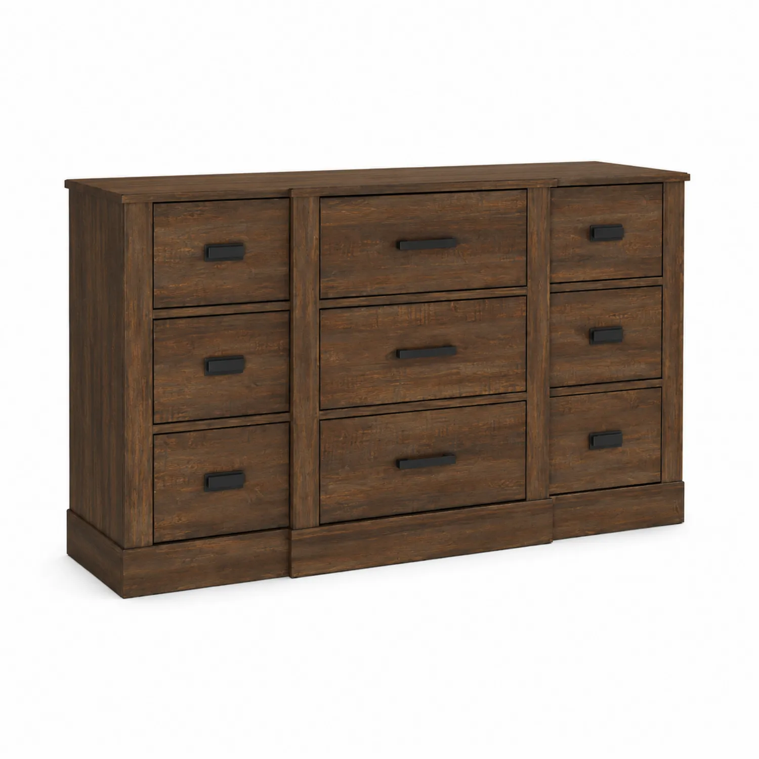 Cassettiera in Legno Marrone con 9 Cassetti e Maniglie Nere