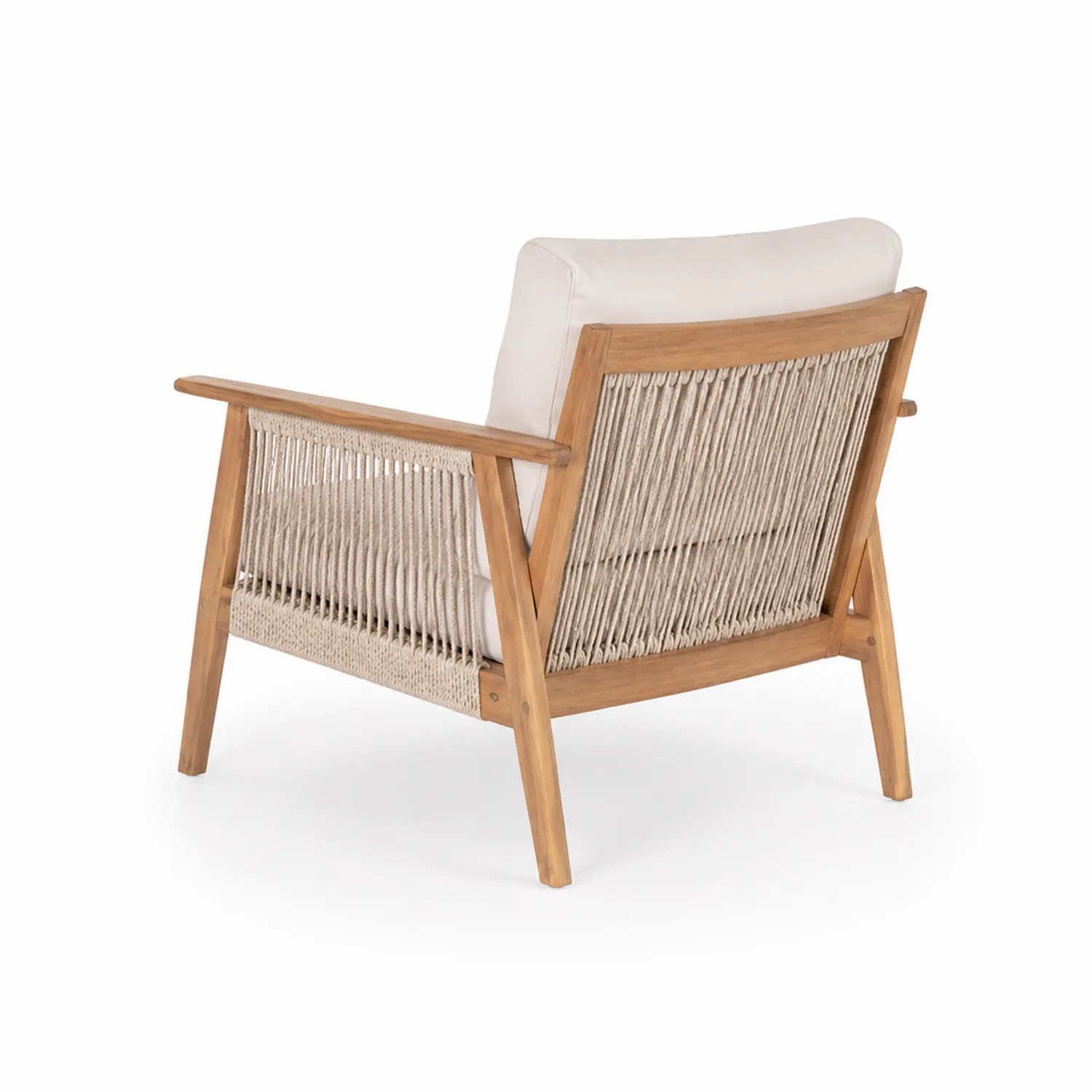 Poltrona da giardino in legno teak e corda intrecciata con cuscini in poliestere