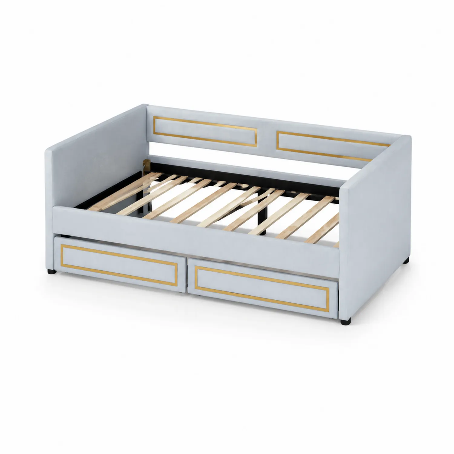 Letto Divano in Legno e Velluto Grigio Chiaro con Cassetti