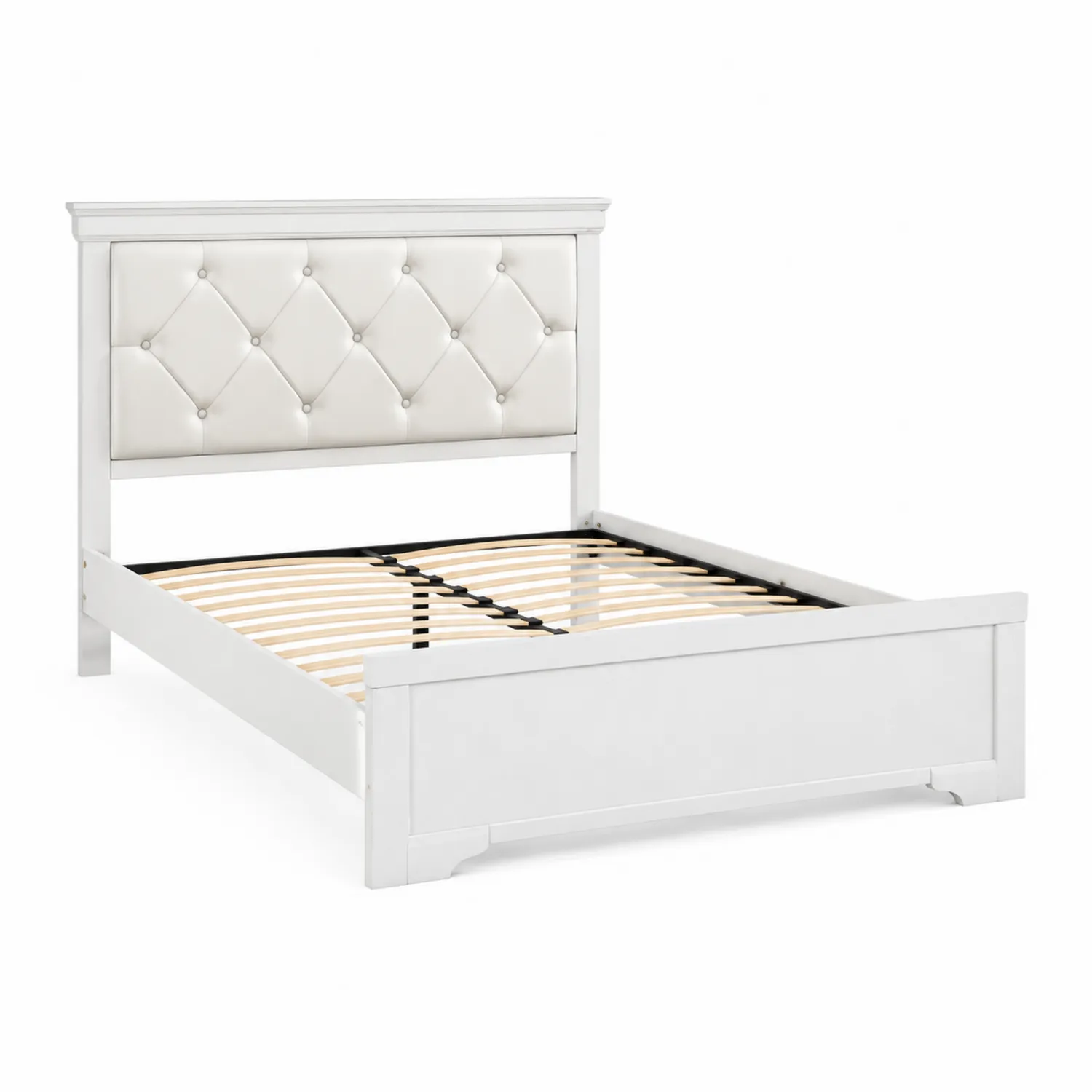 Letto matrimoniale in legno con testiera in ecopelle bianca
