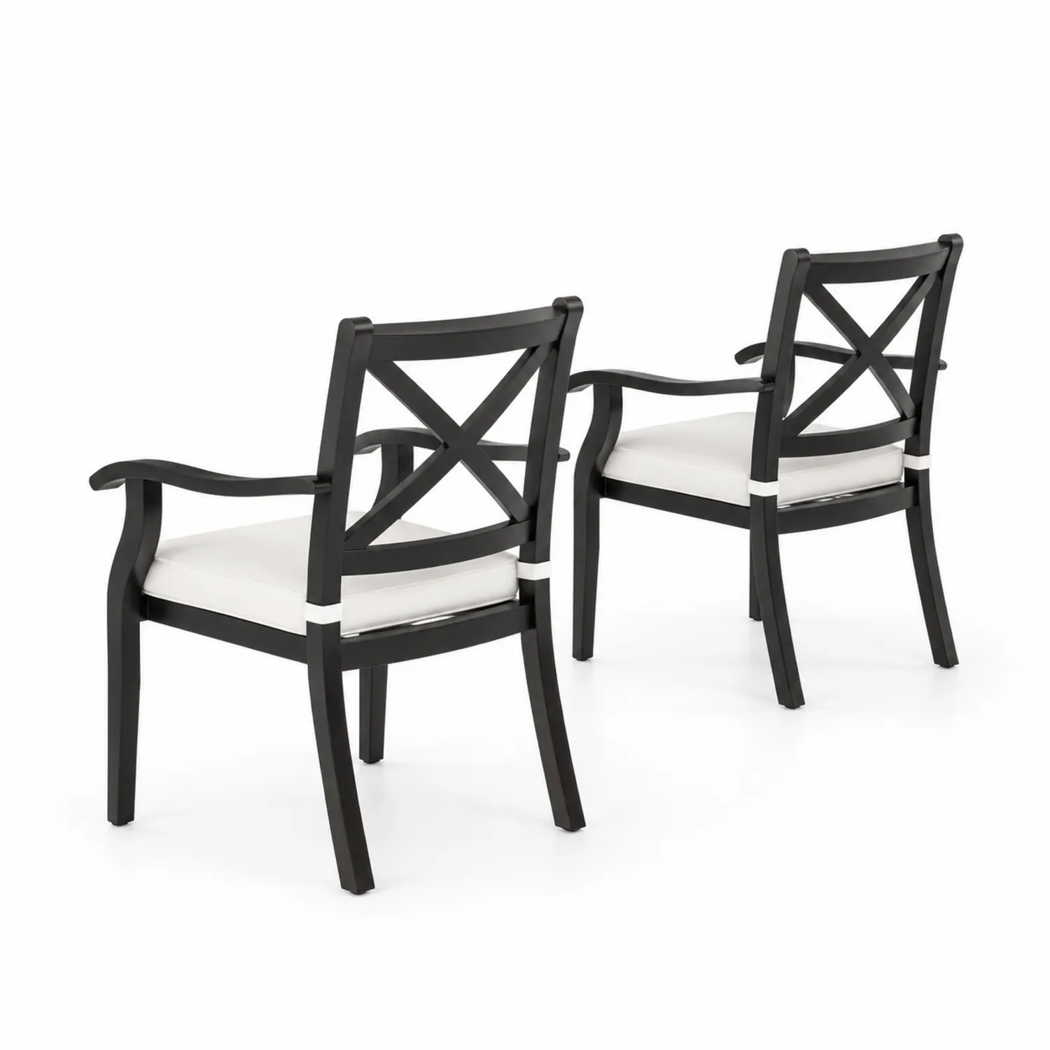 Set di 2 Sedie da Giardino in Metallo Nero con Cuscini Bianchi