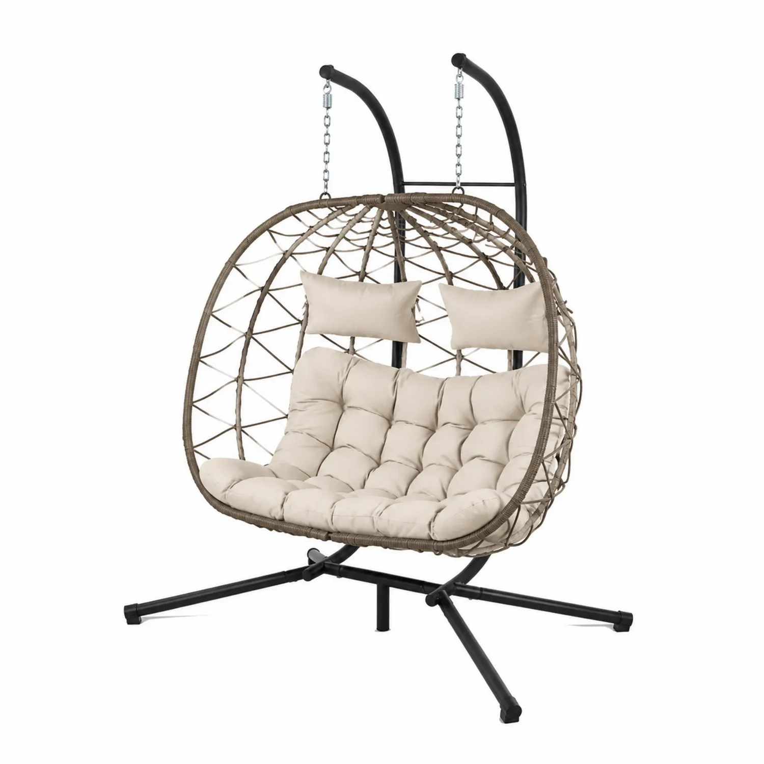 Sedia a Dondolo in Rattan Sintetico Beige con Supporto in Metallo