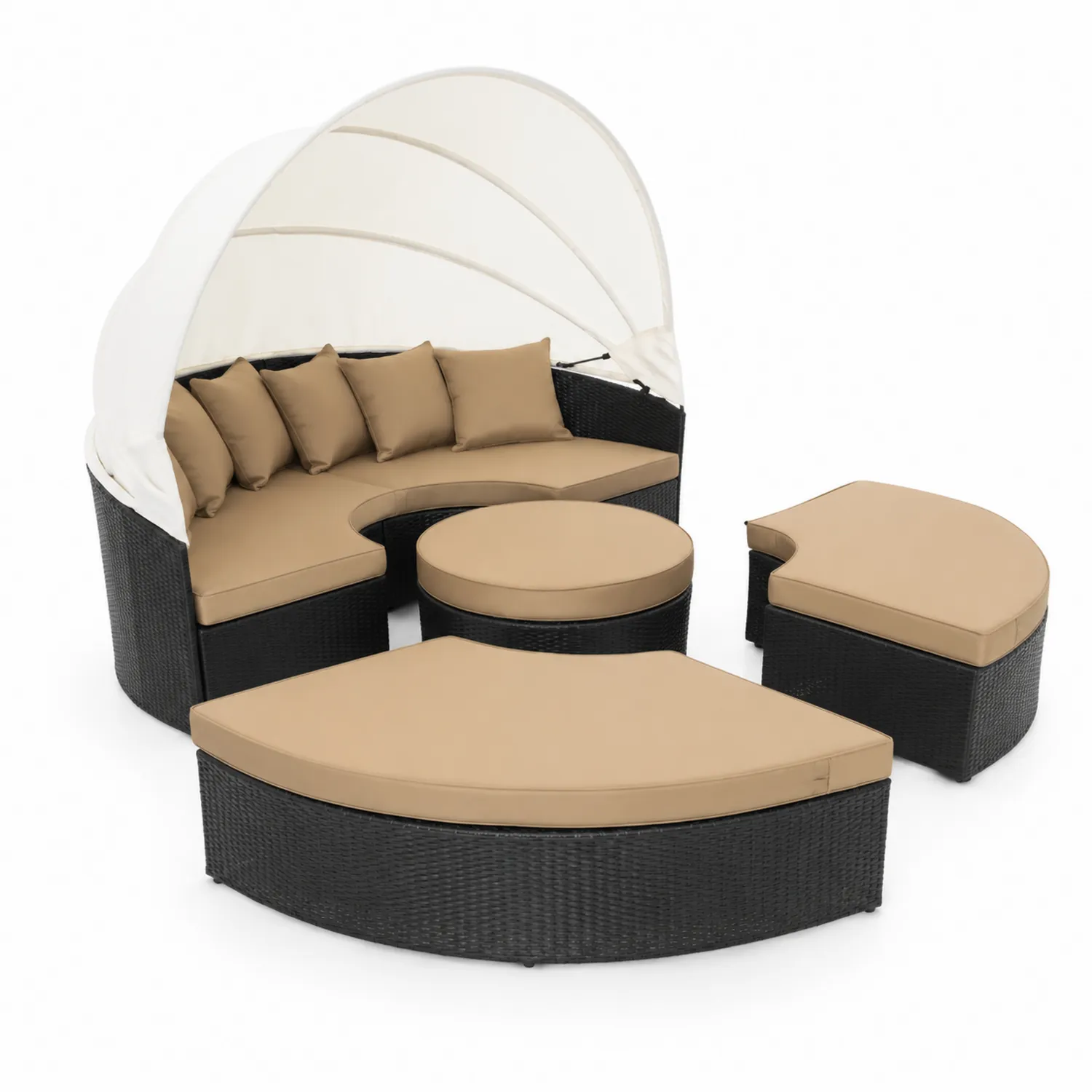 Set salotto da giardino in rattan con baldacchino e cuscini