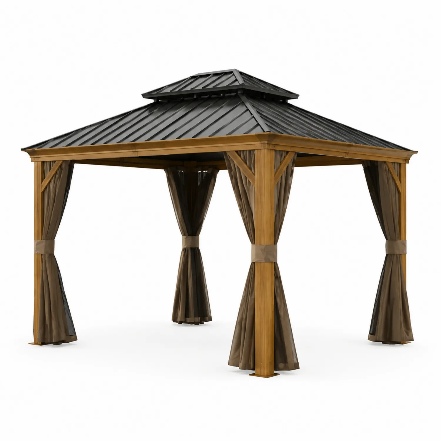 Gazebo in Legno e Acciaio con Tende Marroni