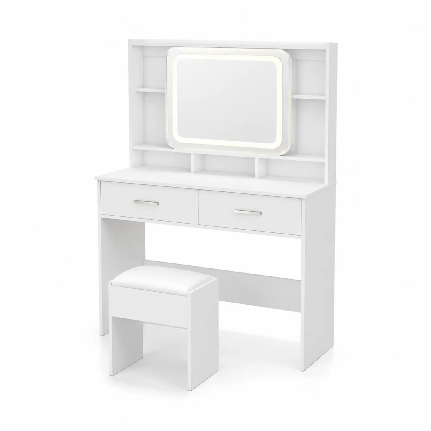 Toeletta con Specchio LED in Legno con Sgabello