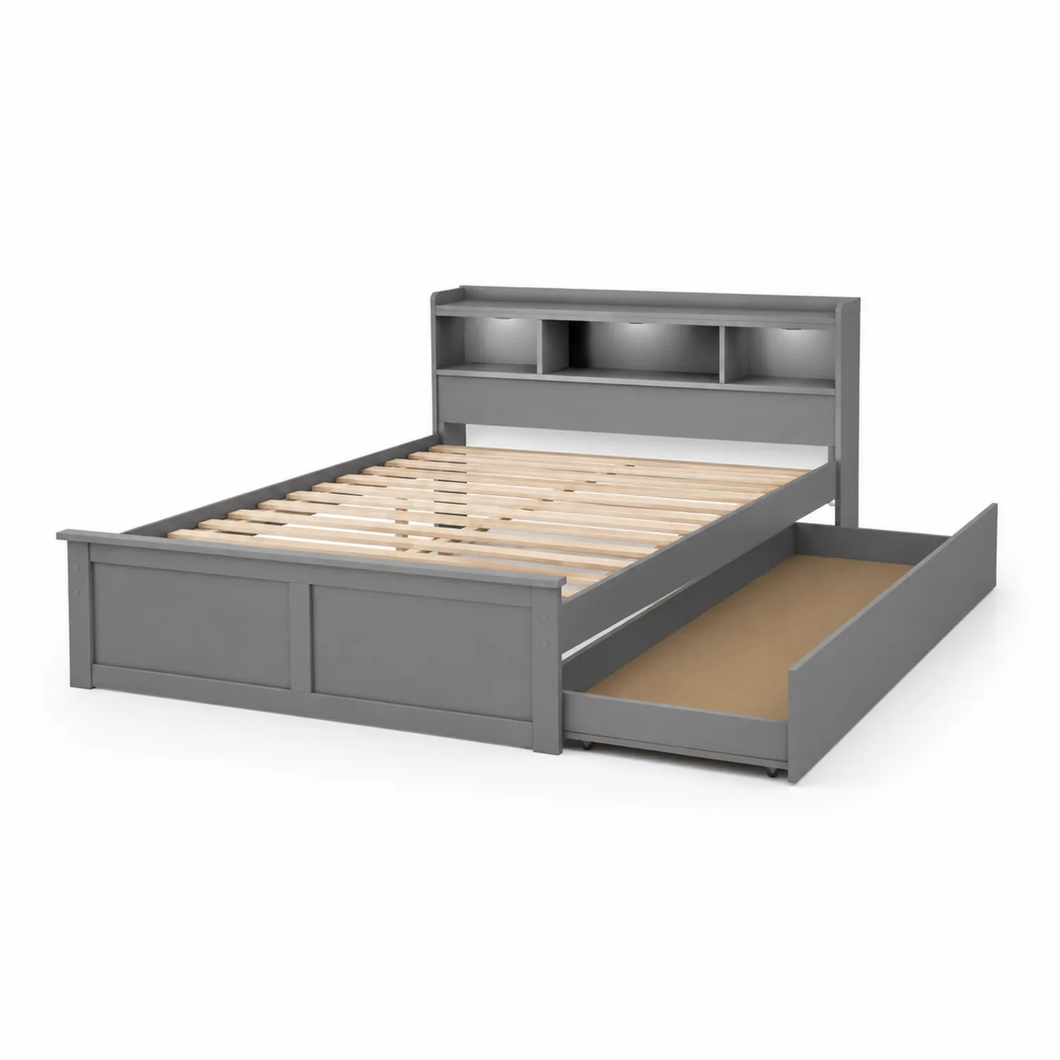 Letto in legno grigio con contenitore e testiera integrata 200x160 cm