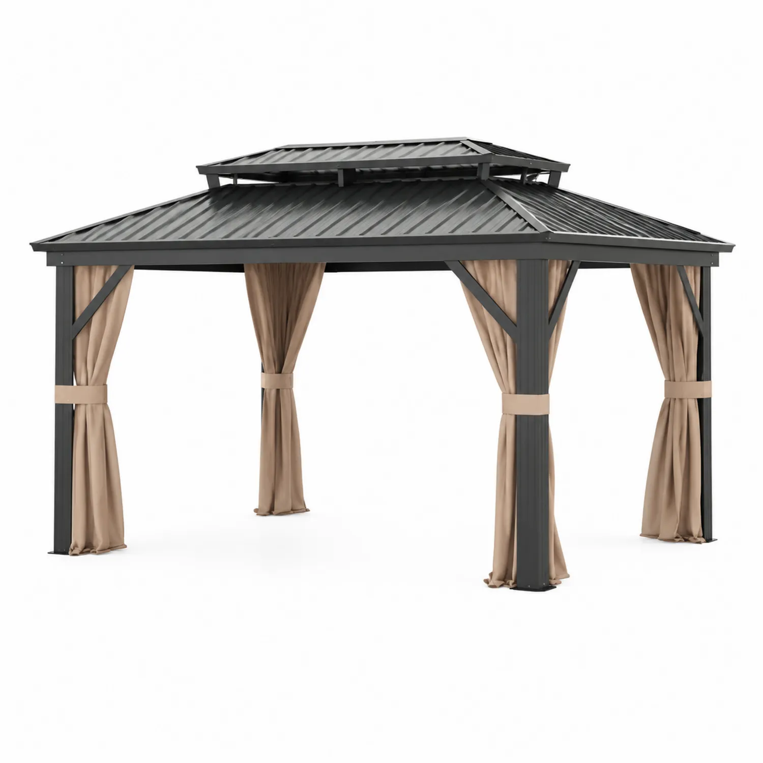 Gazebo in alluminio con tetto in acciaio e tende in poliestere