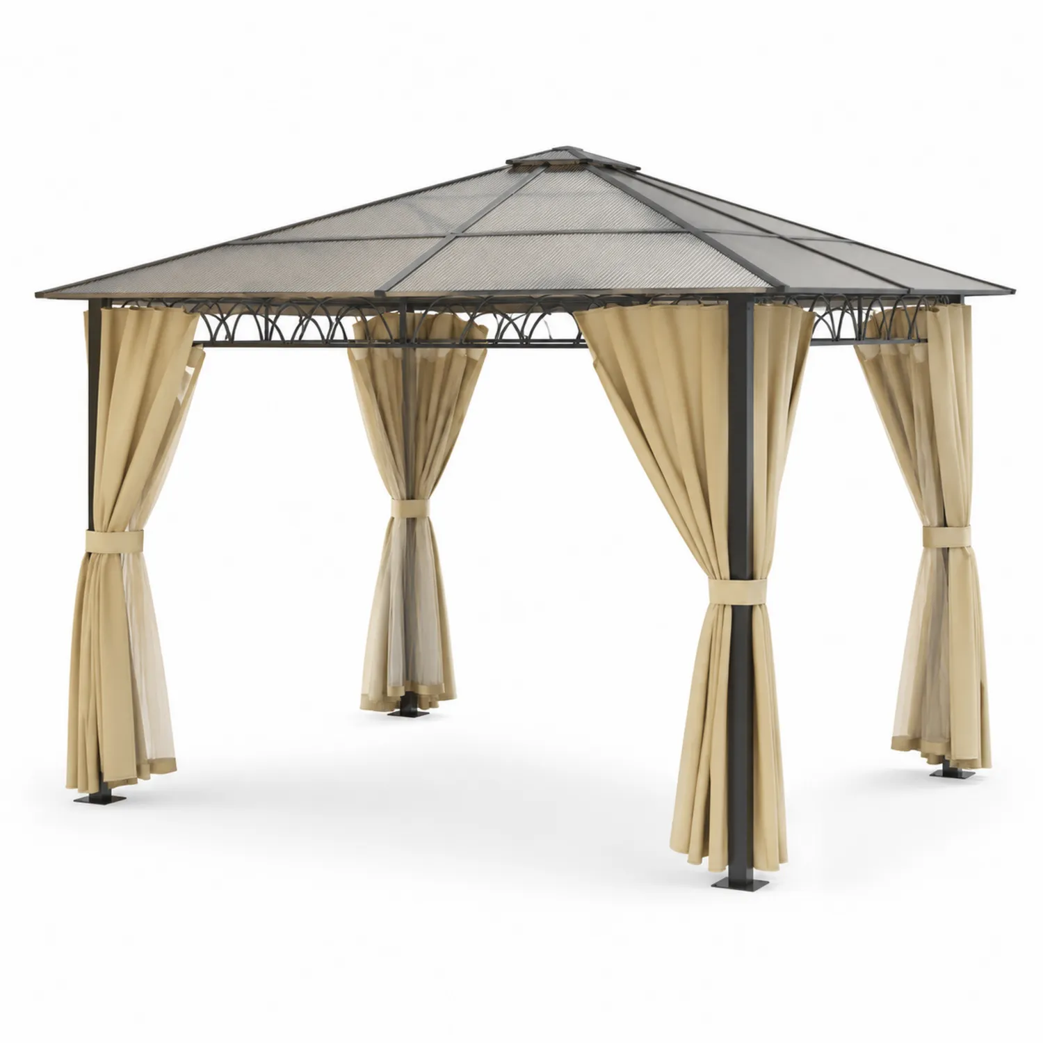 Gazebo in acciaio con tetto in policarbonato e tende in poliestere Beige
