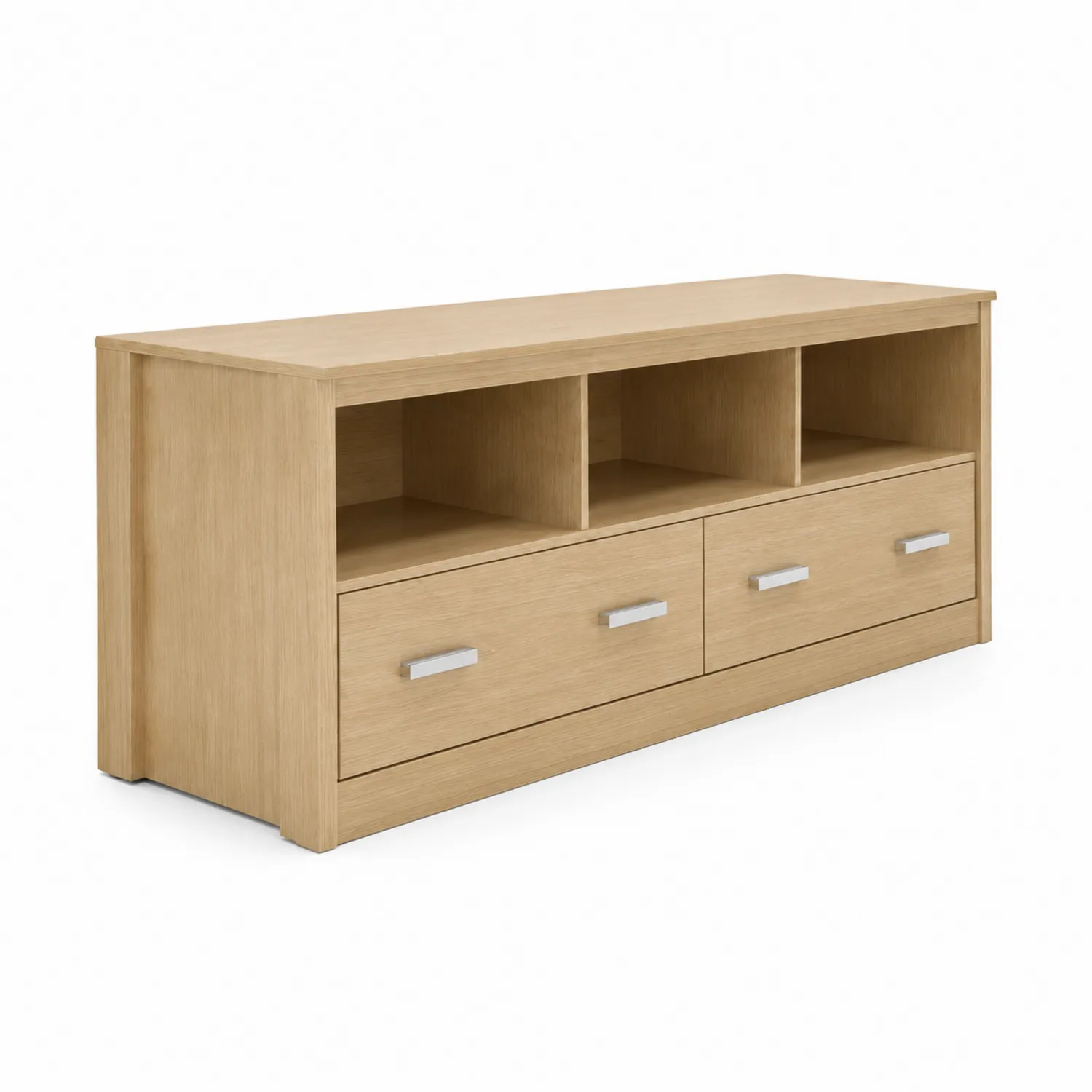 Mobile TV in legno con cassetti e scomparti aperti, Rovere chiaro, 120x40x50 cm