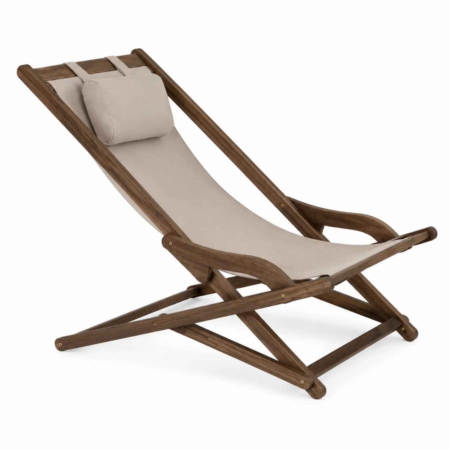 Sedia a sdraio pieghevole in legno con tessuto beige