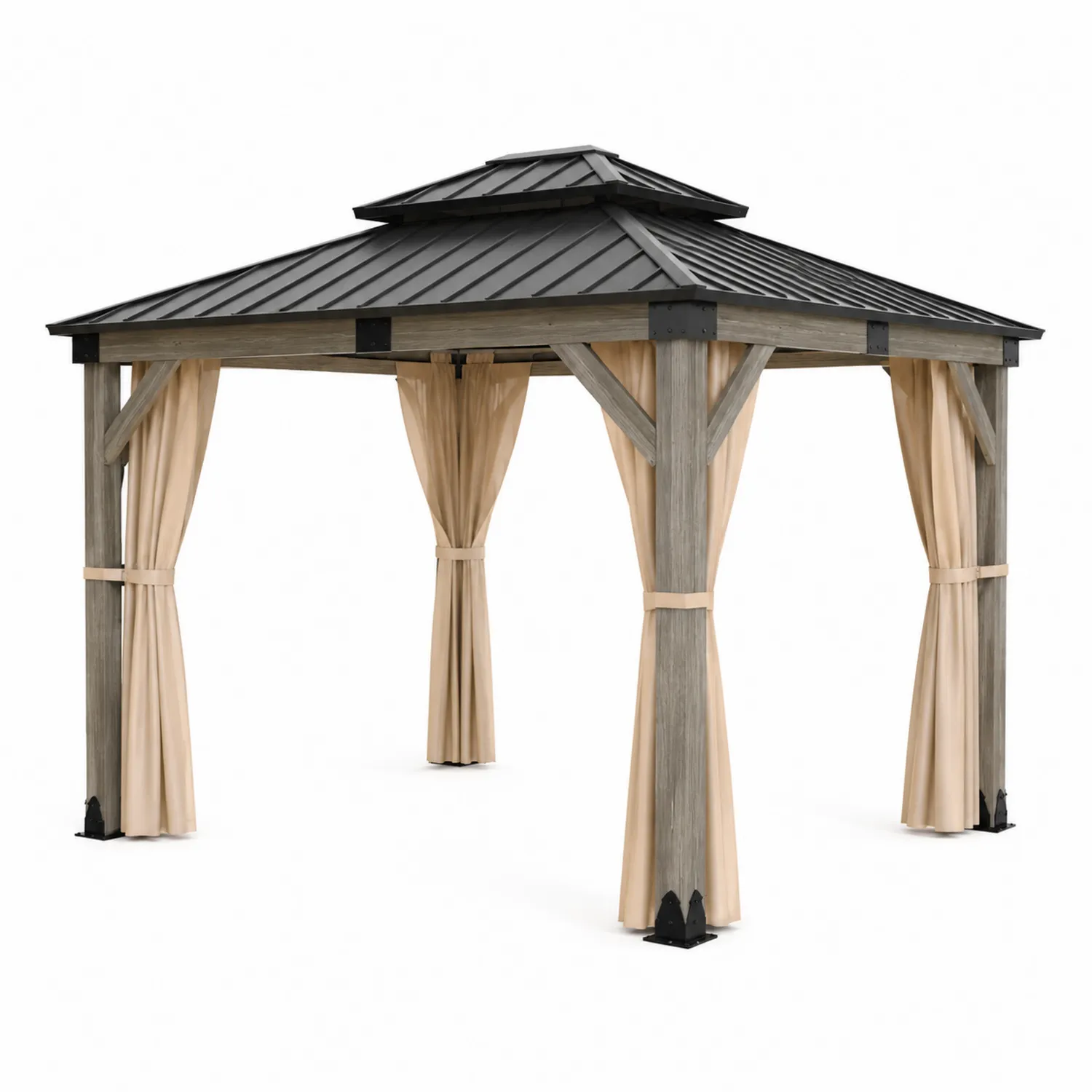Gazebo in Metallo con Doppio Tetto e Tende Laterali Grigio e Beige