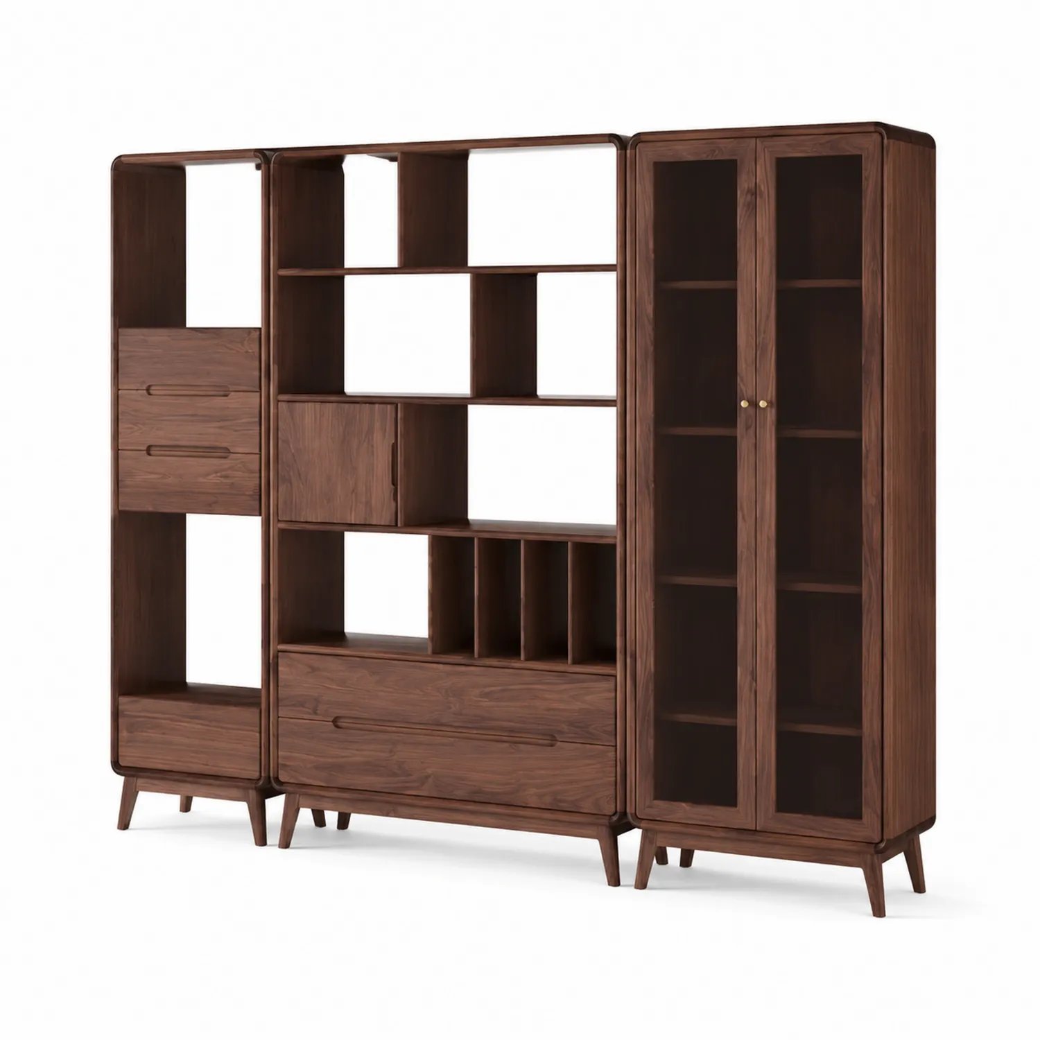 Libreria modulare in legno di noce con vetro temperato