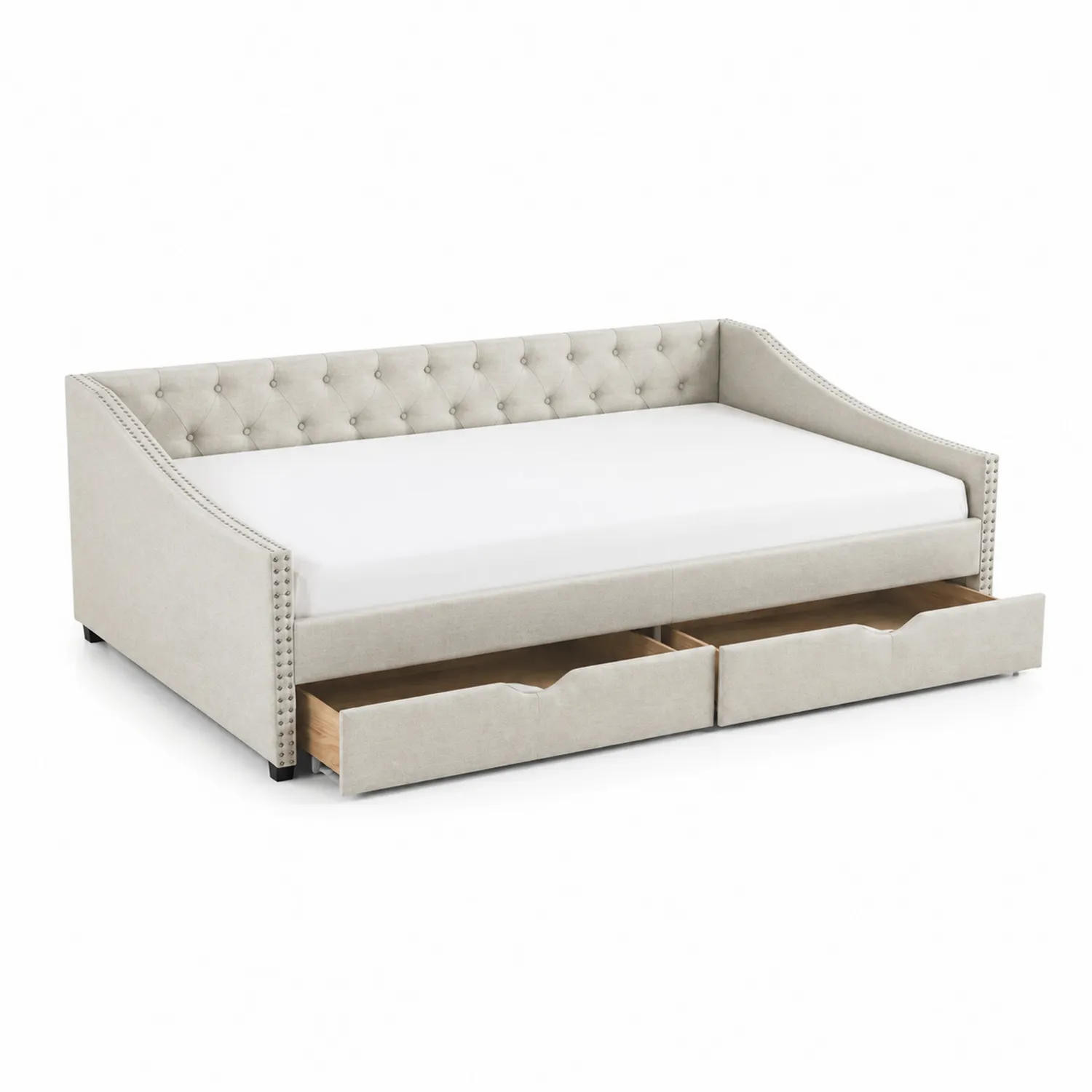 Divano Letto in Tessuto Lino con Cassetti Beige