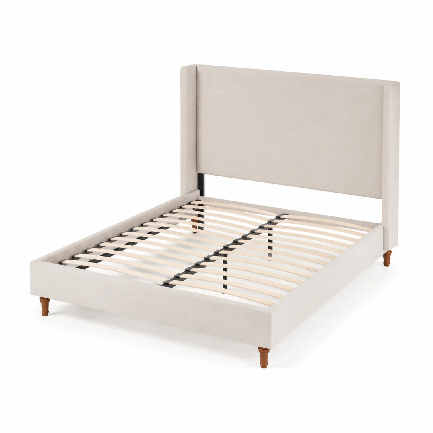 Letto matrimoniale in tessuto beige con testiera e doghe in legno 200x160 cm