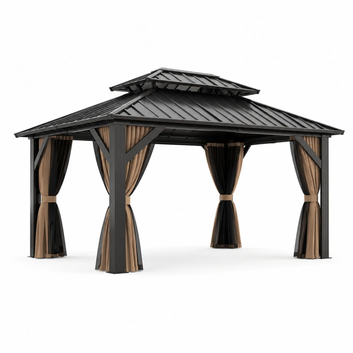 Gazebo in Metallo con Tetto a Due Livelli e Tende Idrorepellenti