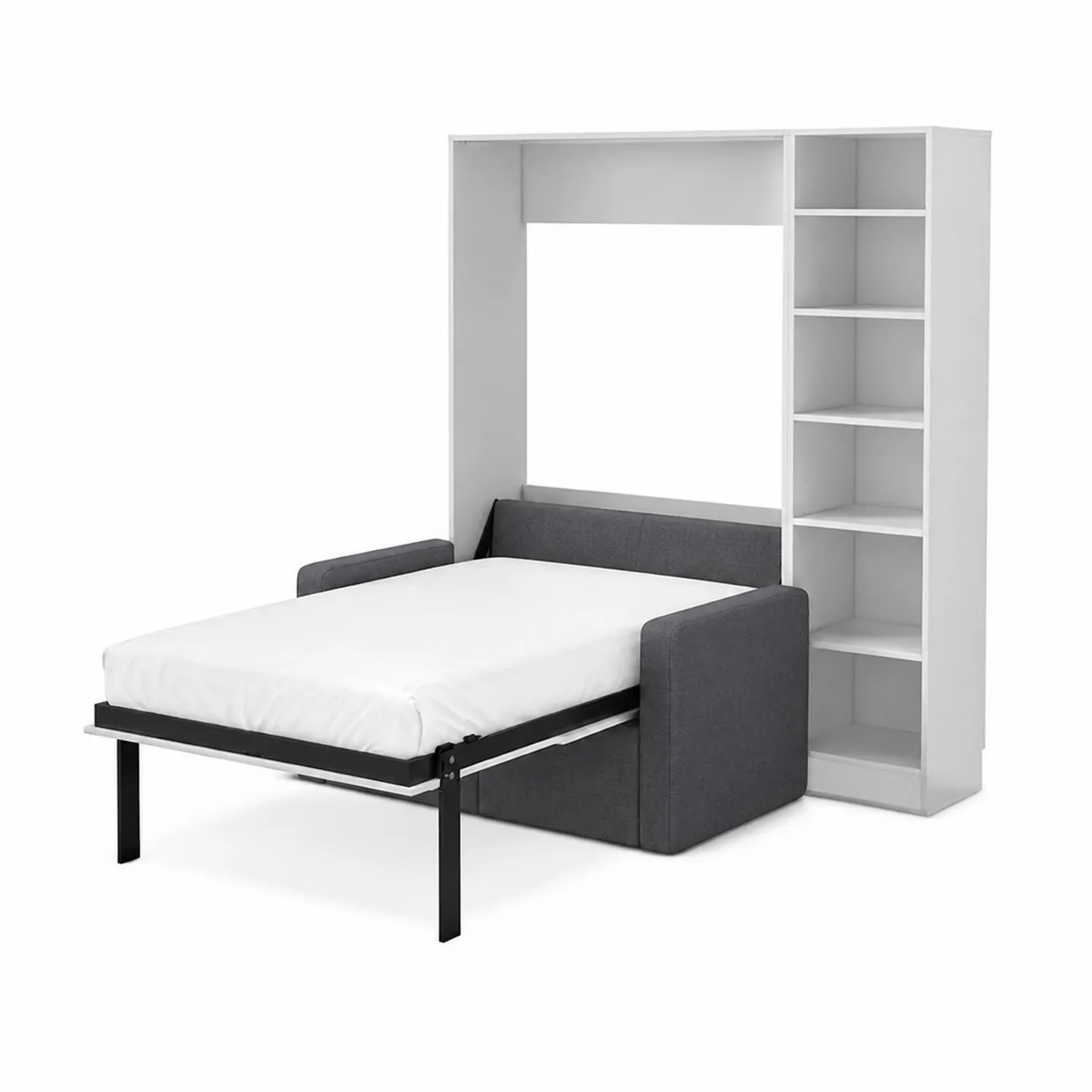 Divano Letto Trasformabile con Libreria in Tessuto Grigio e Struttura in Legno