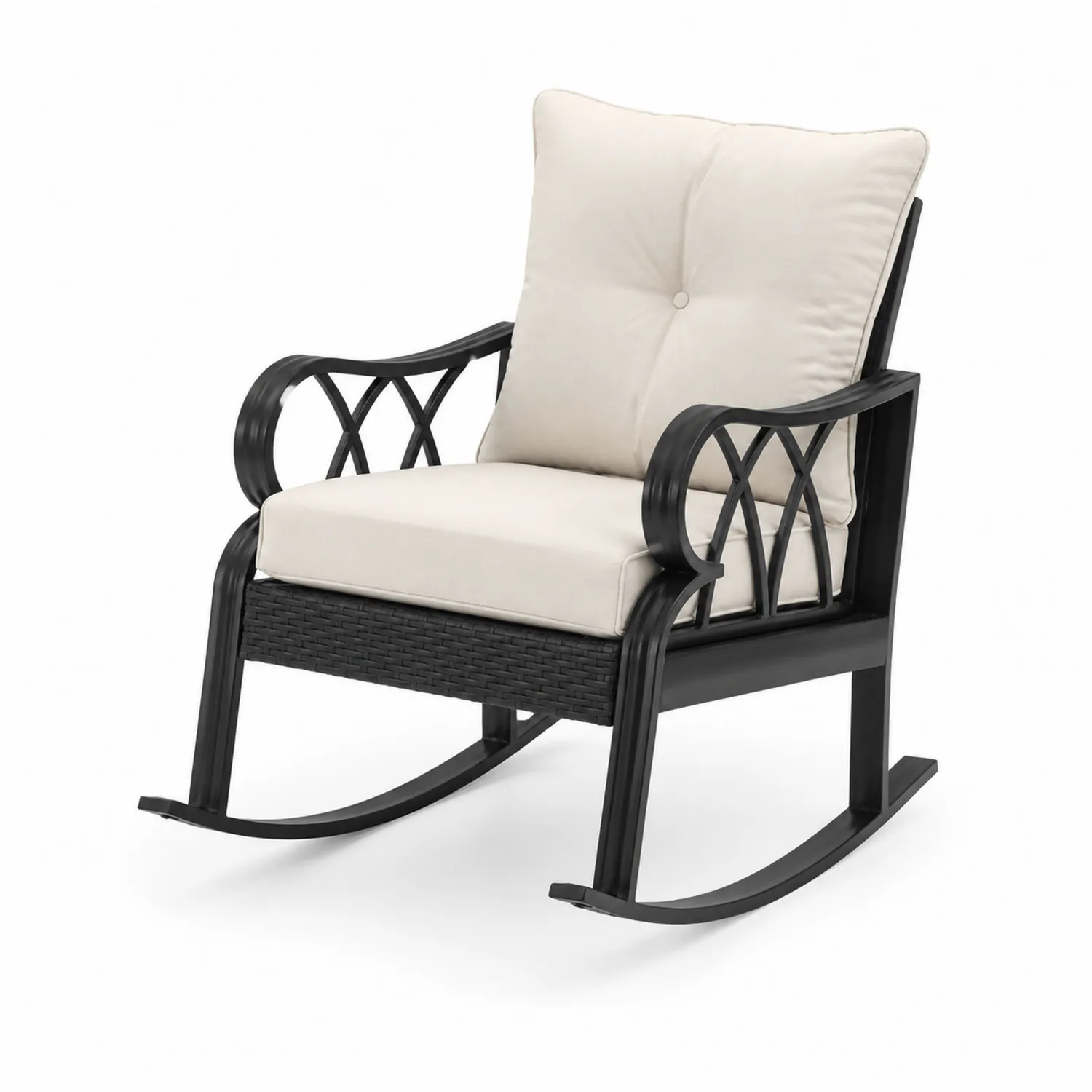 Poltrona a dondolo in metallo nero con cuscini beige