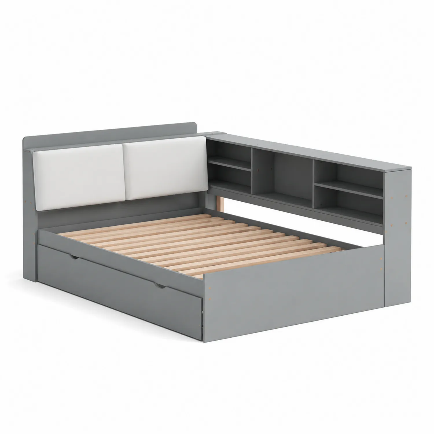Letto ad angolo in legno con scaffali e cuscini in tessuto