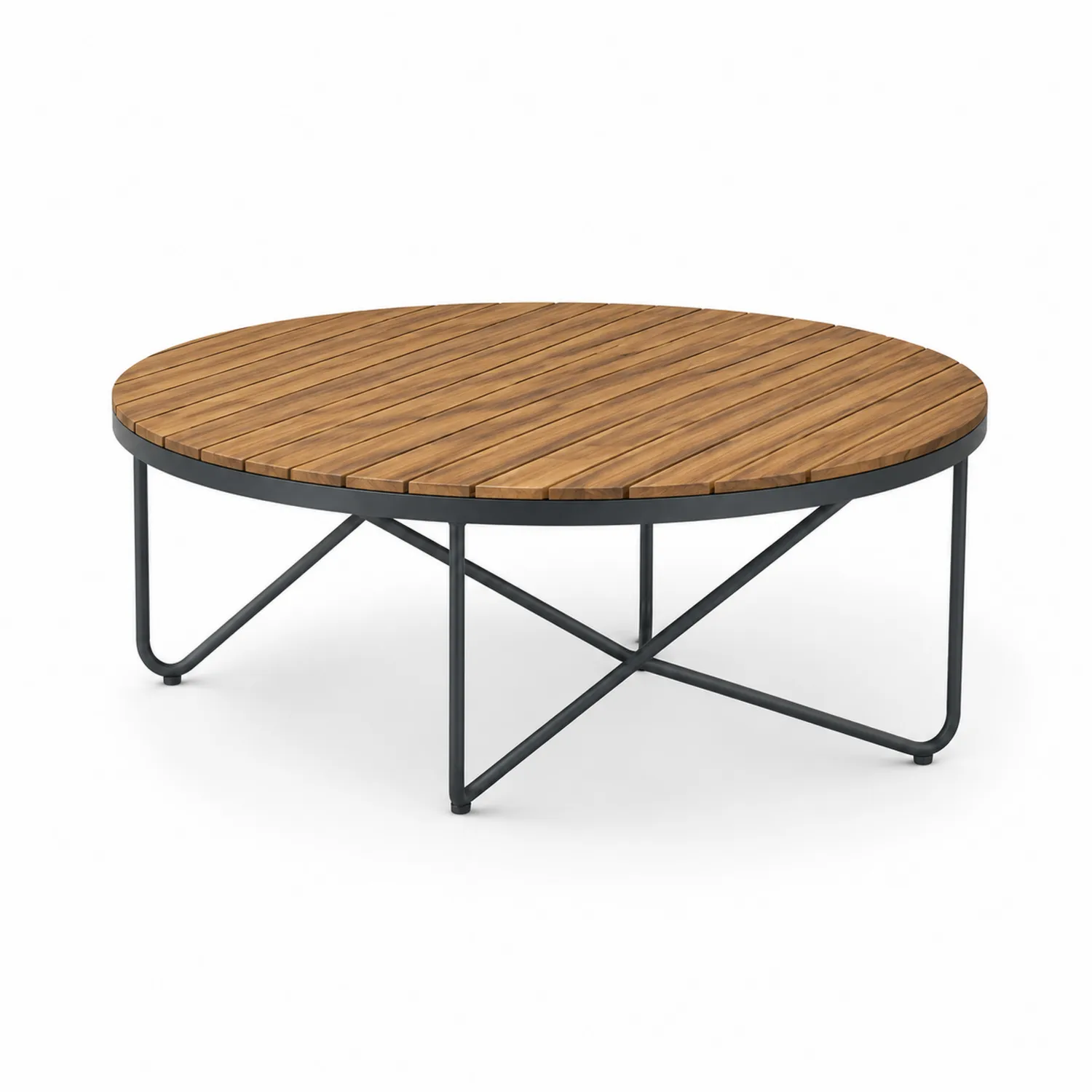 Tavolino rotondo in legno di teak e metallo