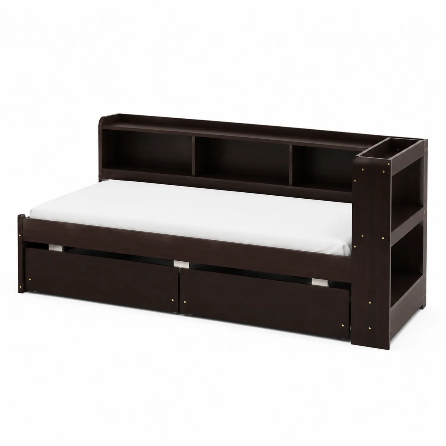 Letto in Legno con Libreria Integrata e Cassetti Marrone