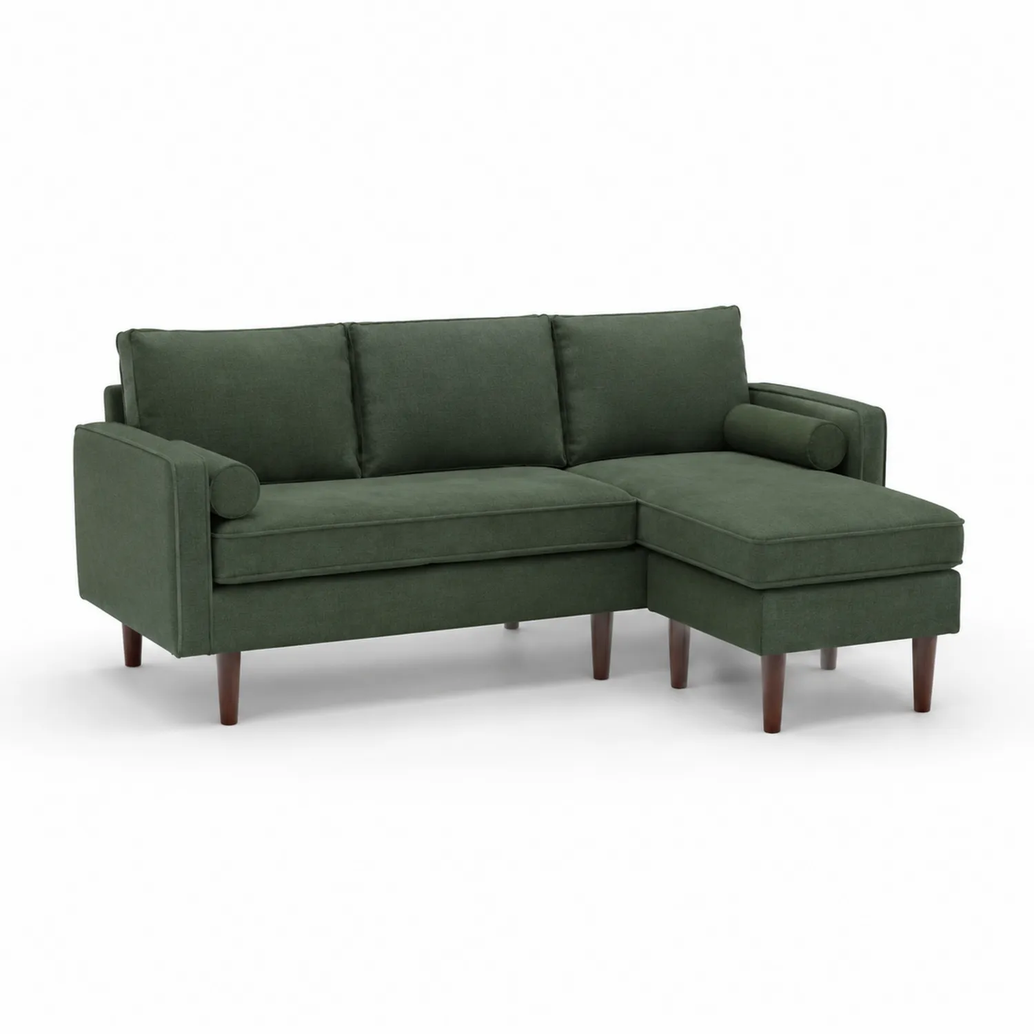 Divano angolare in tessuto verde con gambe in legno